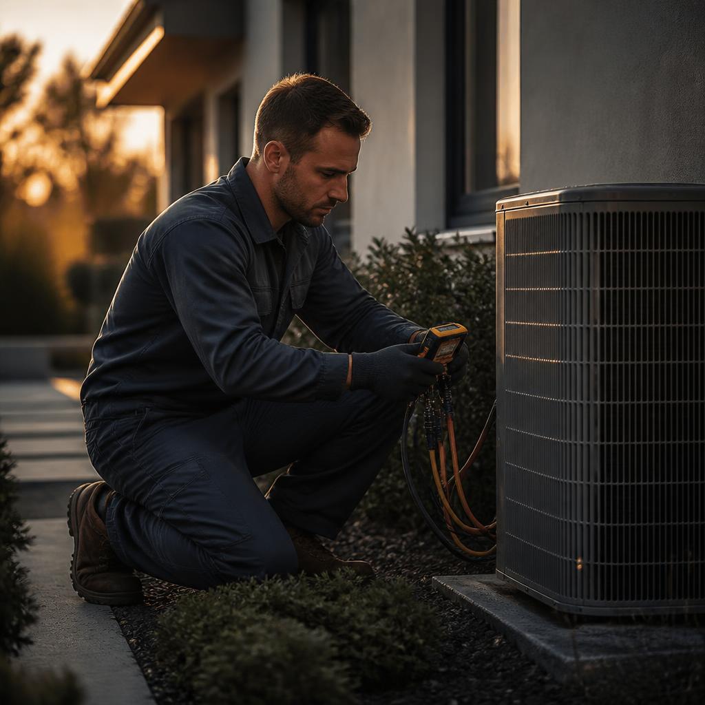 Licensed HVAC technician servicing an outdoor air conditioning unit at a suburban home