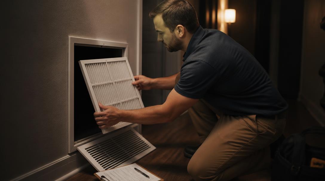 Technician replacing a clean air filter in a home return air vent
